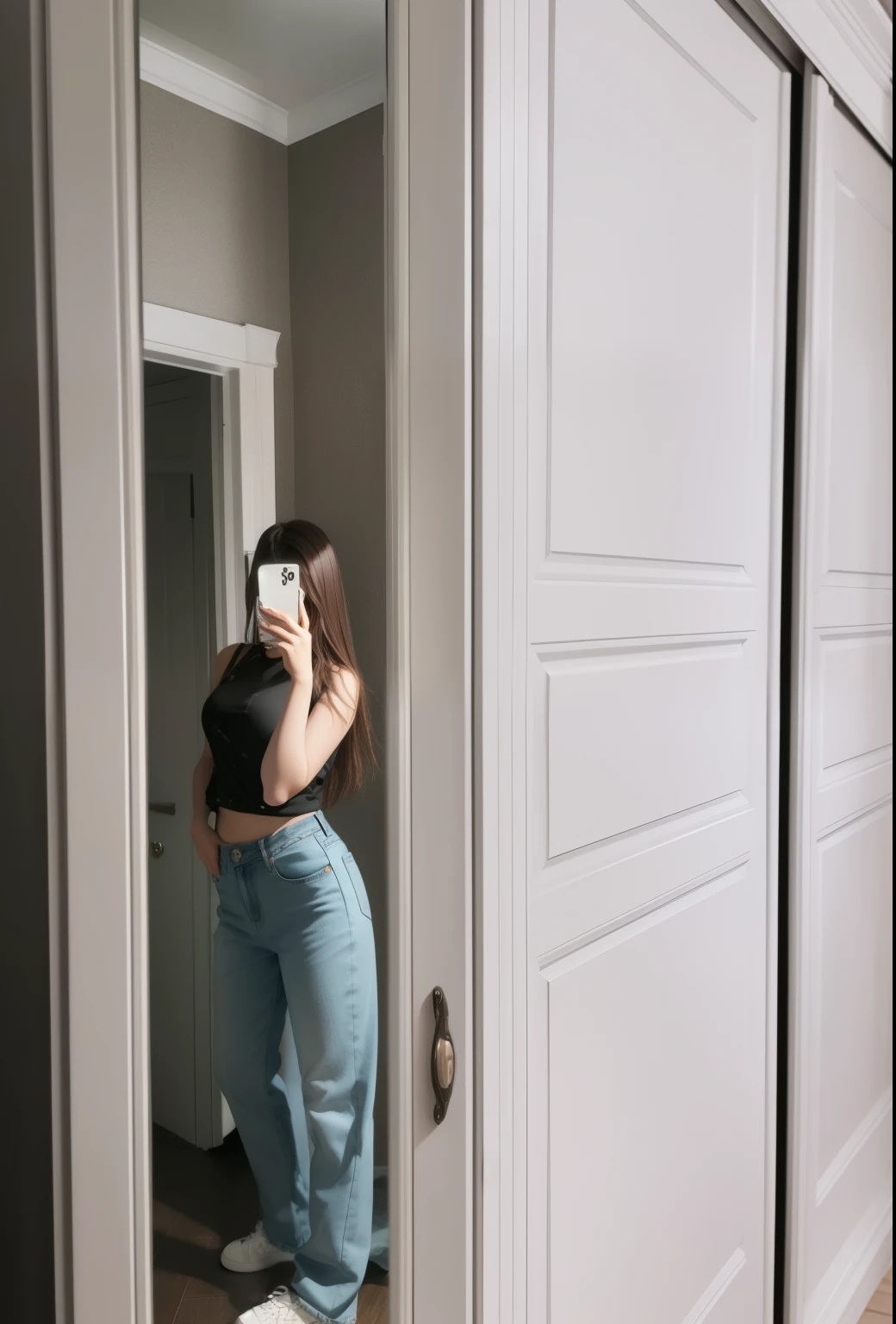 Beautiful girl in full growth, full length photo in the mirror, girl taking selfie, photo in the mirror, beautiful brown hair, in jeans, Phone in hand, super quality,realism, in white sneakers, long thick hair