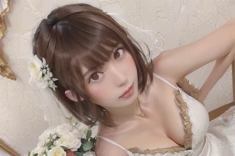 (highest quality, 8k wallpaper), (masterpiece, highest quality:1.2), (expensive_solve:1.2), (Super detailed:1.2), Superior quality, Sharp focus, (Bright colors), (Bright colors:1.2), Realistic, Very detailed, (Super detailed), Intricate details, break
1girl, She is a young Japanese girl., (Brown Hair, short hair, bangs, whole body, Medium sized breasts:1.5), (Very detailed body, Very detailed skin), (Front view, Front Face, In-person audience, Panorama, Full Shot, Widespread, View your viewers, Sitting:1.3),
break
(she is wearing wedding style dress, expensive heels, necklace, Bangles:1.2), (She is a bride, Holding a bouquet, wedding style, luxury wedding style dress, White Church, Virgin Road, Very detailed background:1.1), (Same as V1:1.4),