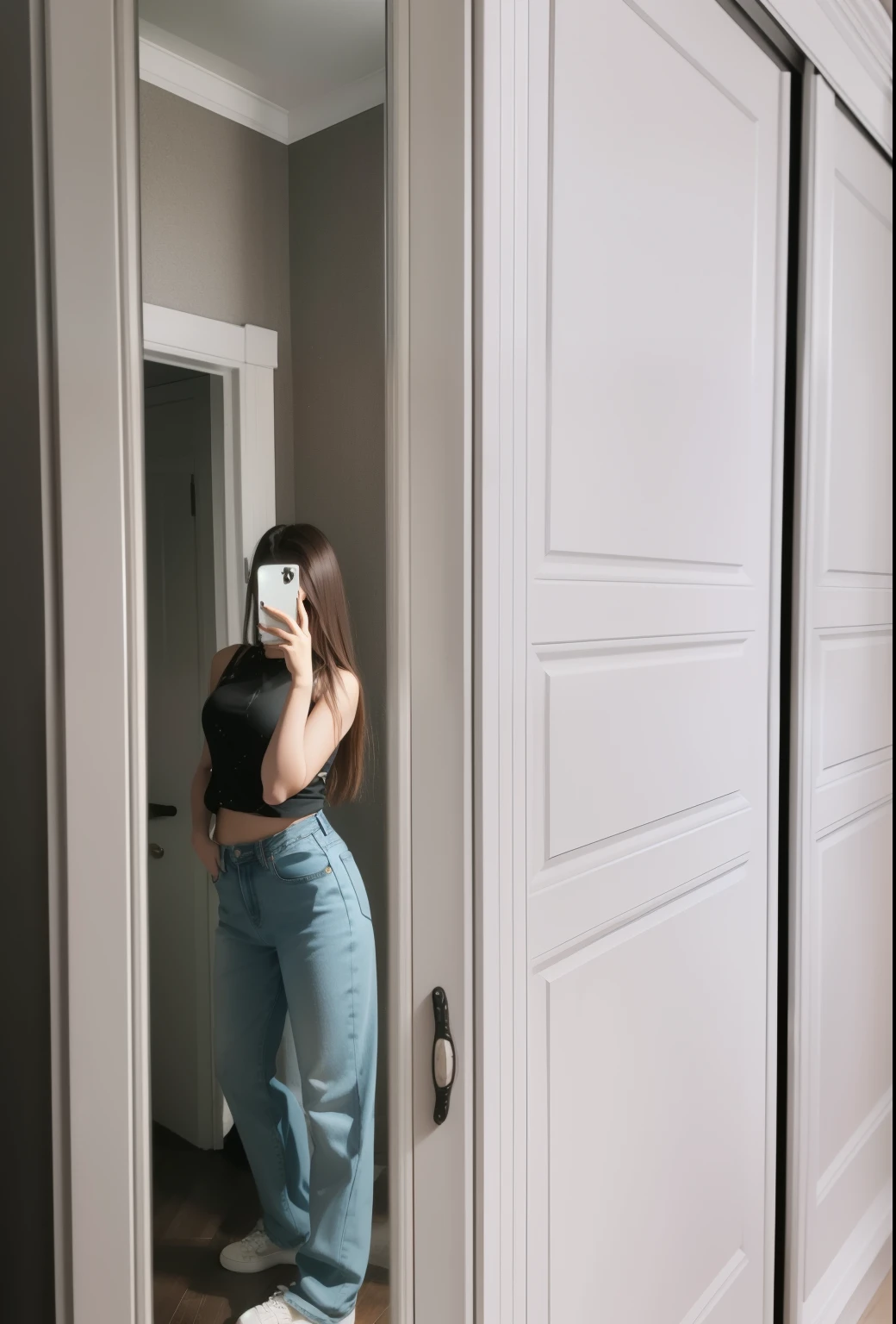 Beautiful girl in full growth, full length photo in the mirror, girl taking selfie, photo in the mirror, beautiful brown hair, in jeans, Phone in hand, super quality,realism, in white sneakers, long thick hair