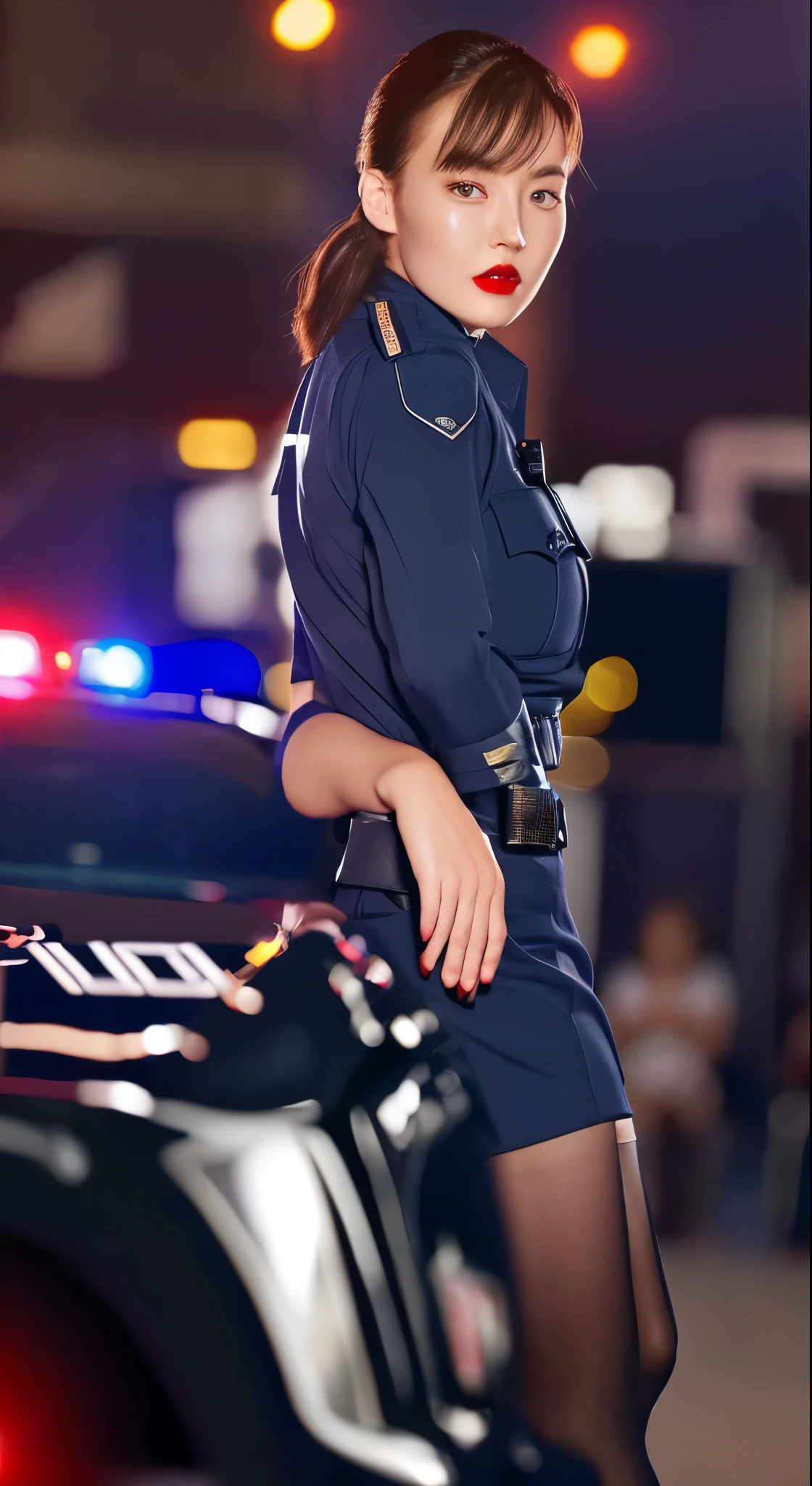alone, (Police uniform, Female police officer), stockings, City lights, (Looking at the audience: 1.3), Release your lips, Red lips, Shiny skin, Skin dents, highest quality, Ultra-high resolution, (realism: 1.4),