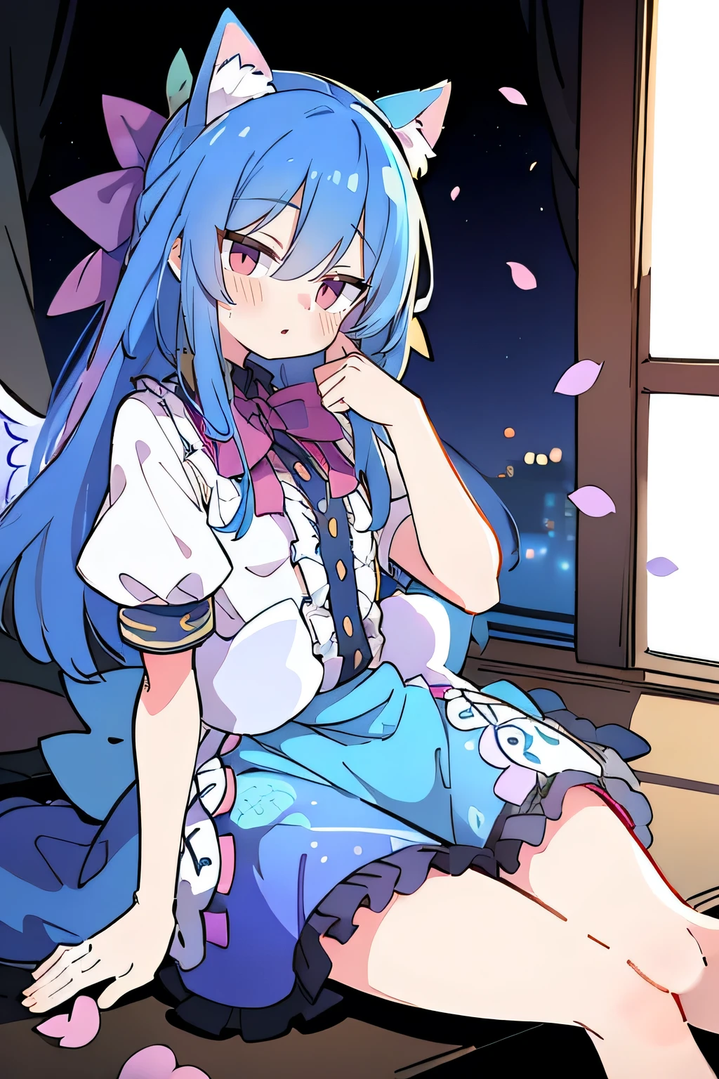 (masterpiece:1.2),ultra-detailed,realistic,expressive eyes,fair-skinned,perfectly shaped face,1girl,
Japanese cartoons,Gorgeous blue hair, flowing blue hair,floating clothes,cat ears,petals falling,beautiful Lola,Hina Angel,
hands on waist,gracefully sitting on the ground,legs crossed,gentle and serene background,cool and comfortable pavilion,shy face ,night .