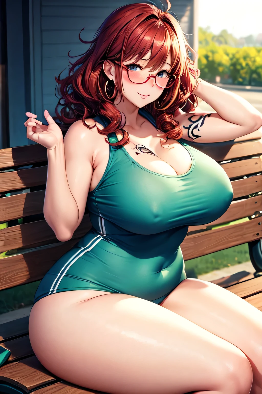 Cute sexy nervous woman with thick long messy curly red hair with sun glasses and glasses with tattoo blushing with bright earrings with thick thighs and big chest in a coach outfit with butt out laying on bench with an injury