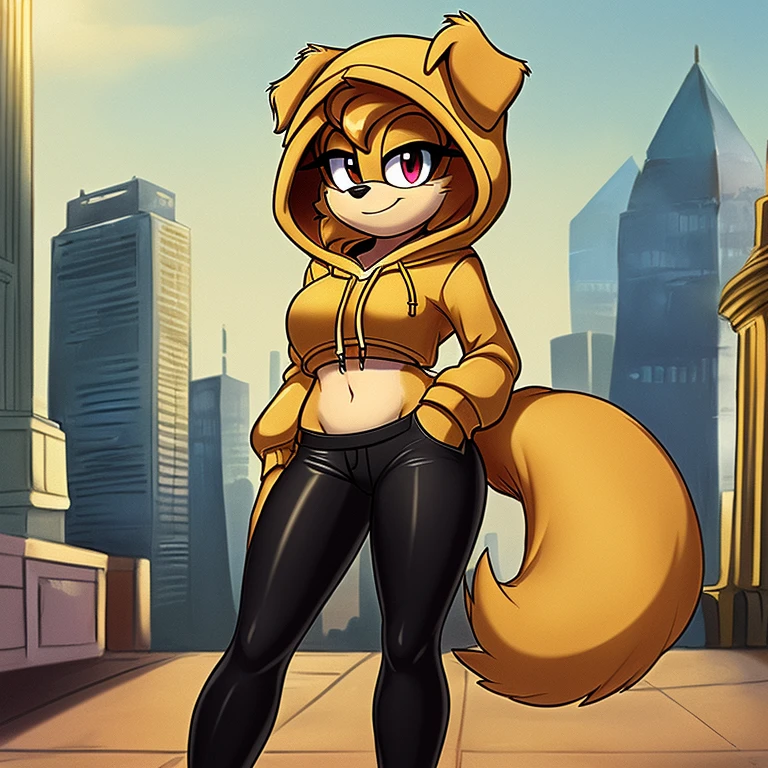 mobian female (golden retriever), ((masterpiece)), cute, attractive, ( wearing a hoodie:1.3), (wearing a black pants:1.5), medium breasts, (correct proportions), (royal golden body fur:1.5), ( golden belly fur:1.1), (hair (royal golden color)):1.5, medium fluffy hair, (crystal red eyes):1.3, (dog tail):1.2, (dog ears):1.2, (city:1.5)