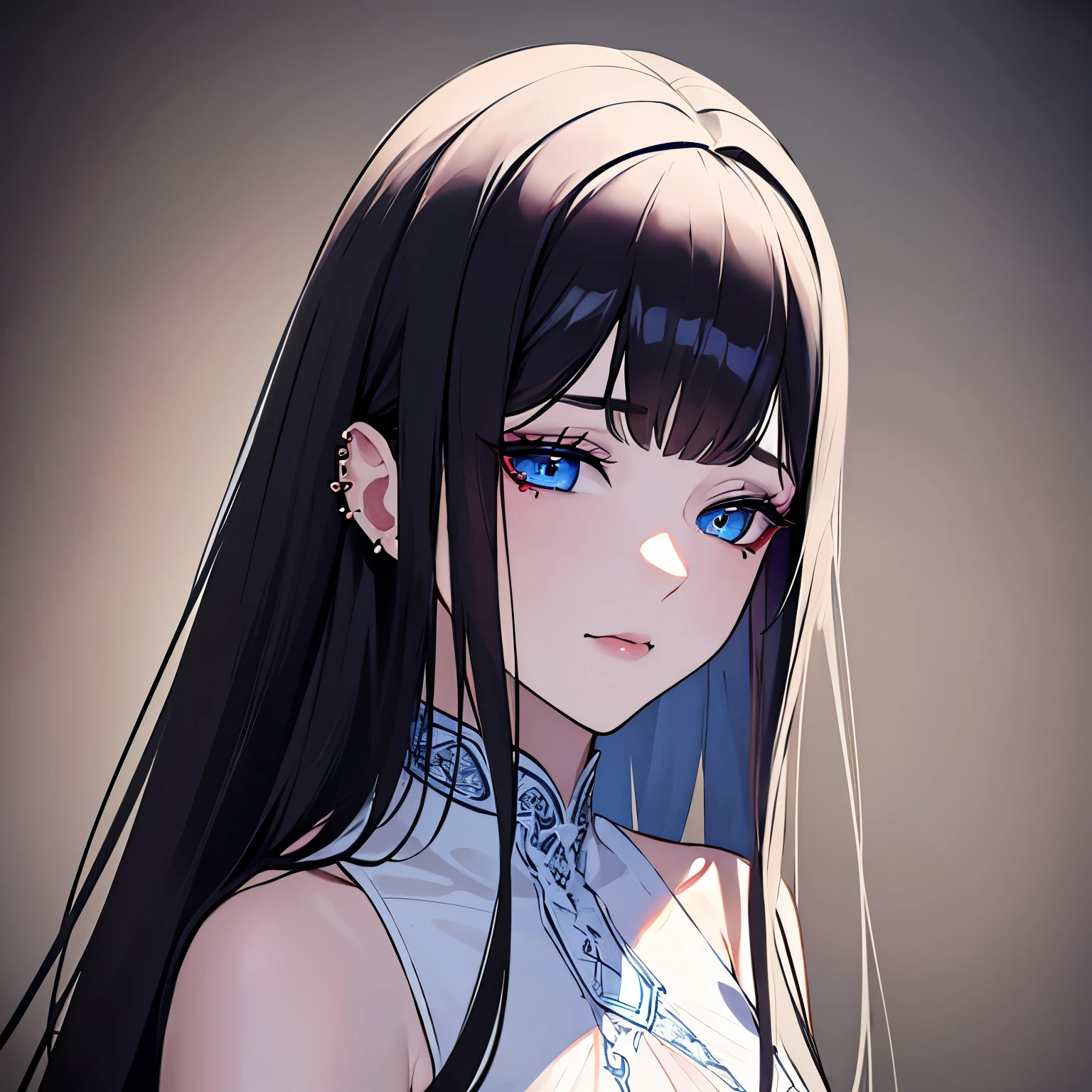 (best quality,ultra-detailed,realistic),(portraits),(vivid colors),(studio lighting),(long, cascading black hair),(piercing blue eyes),(porcelain pale skin),(mole delicately placed under her left eye)