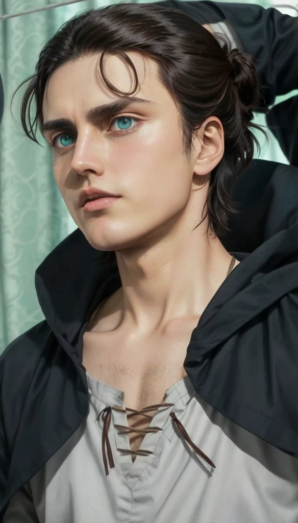 Eren Yeager has a German appearance, with a fairly long face, brown hair, round turquoise eyes. His skin appears slightly yellower than the other characters. Her short hair reached the nape of her neck and was parted in front of her forehead in a kind of curtain. The eyes are quite large and expressive.