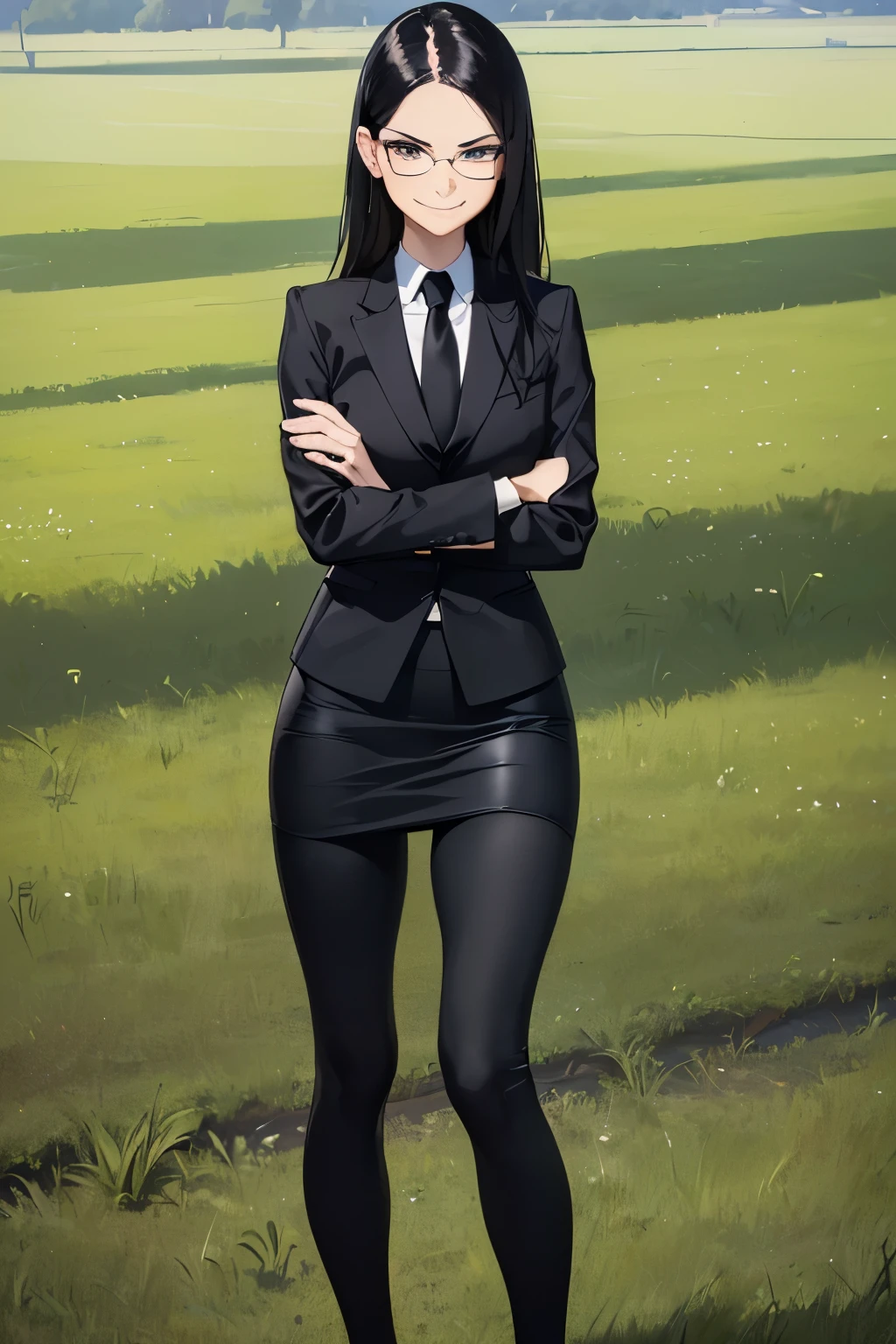 ((best quality)), ((masterpiece)), ((detailed)), (((perfect faces))), (((30yo beautiful woman in black suit, tight skirt, leggings))), (((glasses))), (((black hair))), (((standing))), (((arms crossed))), (((smirking))), (((grass field)))