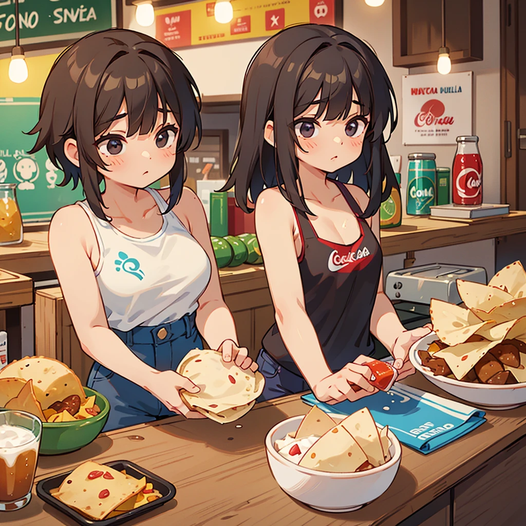 Woman making tacos, tortillas and nachos at a Mexican food stall Tight tank top and tight hot pants There are coke, tequila and Corona beer on the table.