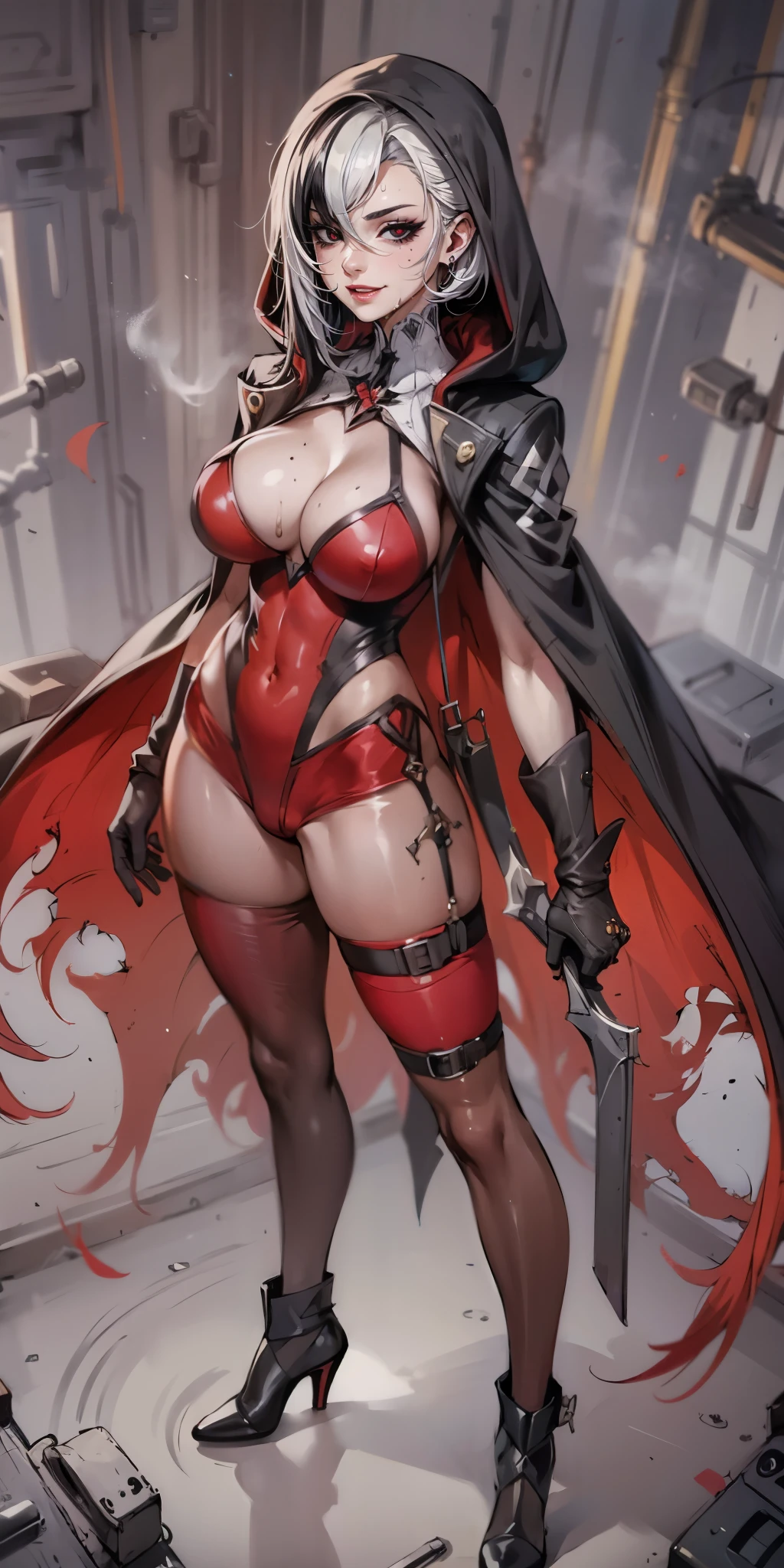 short hair, white hair, black hair, multicolored hair, x-shaped pupils, black eyes, anatomically correct, heavy breathing, huge breasts, epic art, fantasy, torn_clothes, 1girl, torn_legwear, breasts, leotard, looking_at_viewer, solo, smile, hood, standing, large_breasts, covered_navel, hood_up, full_body, cloak, gloves, black_leotard, bodysuit, boots, black_footwear, pantyhose, navel, glowing, high_heels, long_hair, science_fiction, bodystocking, "Photorealistic, Hyperrealistic, Hyperdetailed, analog style, soft lighting, subsurface scattering, realistic, heavy shadow, masterpiece, best quality, ultra realistic, 8k, golden ratio, Intricate, High Detail, film photography, soft focus", anime coloring, anime screencap, sweating, steaming body, fog, (shaded face:1.2), hollow eyes, facing viewer, smirk, upper teeth, x-shaped pupils, black eyes, sweating, wet, looking at viewer, glowing eyes,