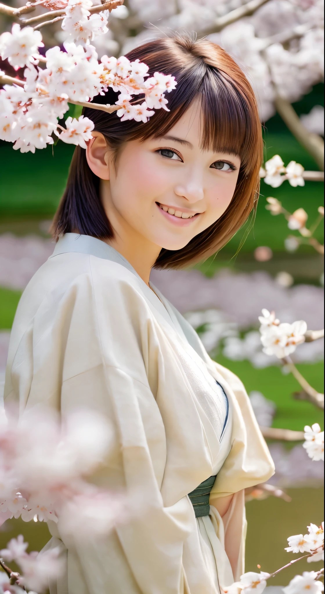 ((highest quality)), ((masterpiece)), ((Realistic)), Standing in a tranquil Japanese garden with cherry blossoms at eye level、A girl with perfect beauty, Scenic, masterpiece, (High resolution), original, extremely detailed 8K , (photoRealistic:1.4),Perfect Face, Perfect Eyes,Symmetrical body type,smile,
