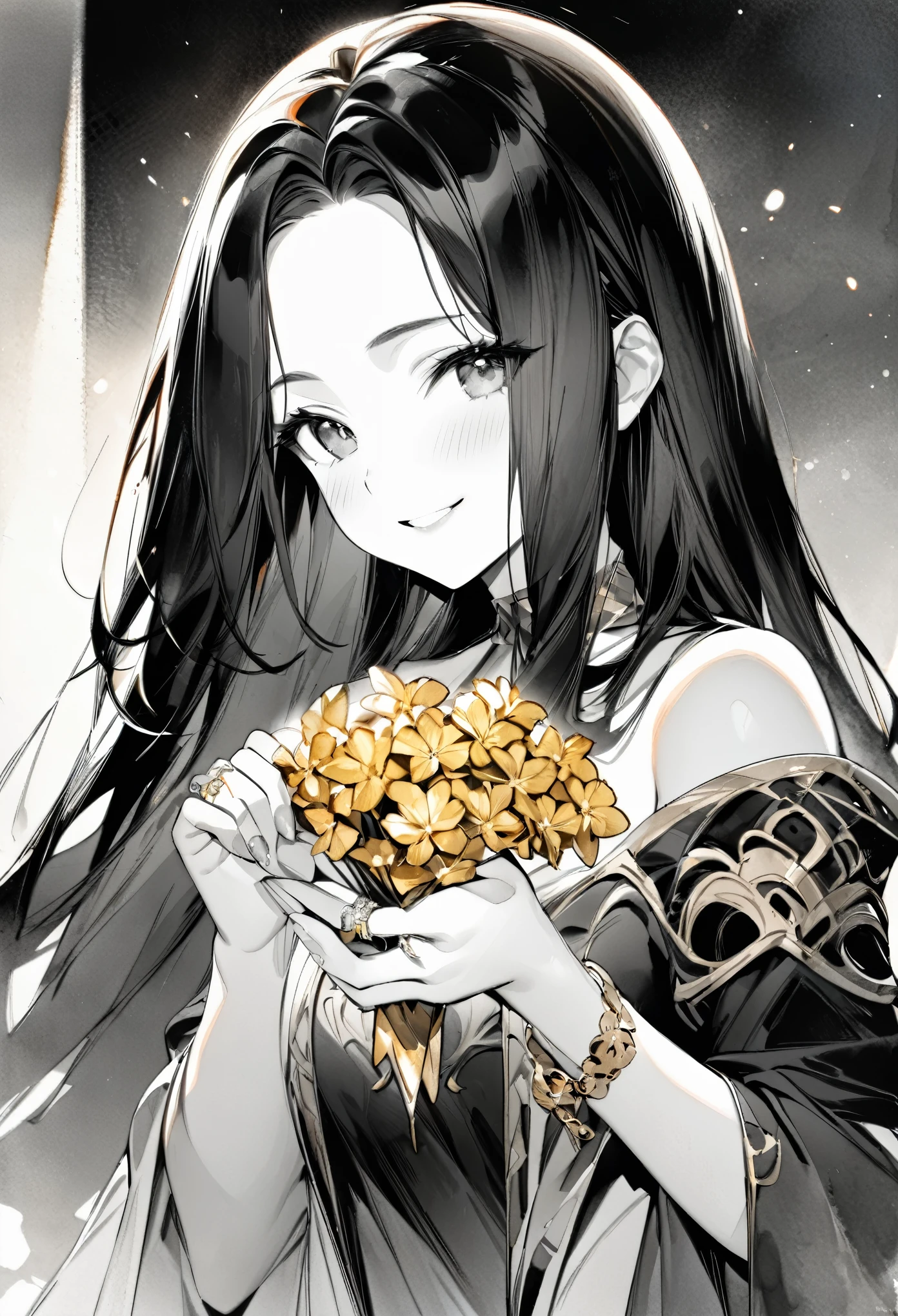 monochrome, watercolor, highres, top quality, best quality, paid reward available, High-quality illustrations, unparalleled masterpiece, perfect artwork, absurdres, 1girl, Archaic Smile, holding a cluster of gold flower in both hands, She is wearing a simple ring on the ring finger of her left hand, unfocused spread of gold flower,