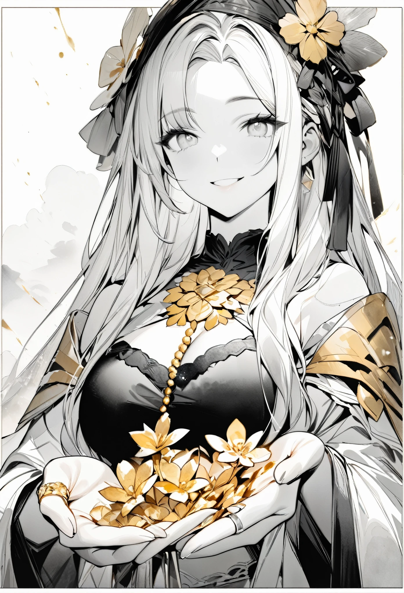 monochrome, watercolor, highres, top quality, best quality, paid reward available, High-quality illustrations, unparalleled masterpiece, perfect artwork, absurdres, 1girl, Archaic Smile, holding a cluster of gold flower in both hands, She is wearing a simple ring on the ring finger of her left hand, unfocused spread of gold flower,