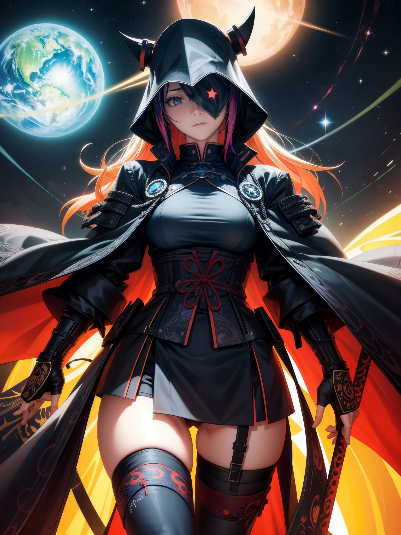 Low Angle View,. a woman with plague doctor mask and a outworn detailed cyberpunk Samurai jacket, panty, Tighs, striped Stockings ,surrounded by a vibrant and detailed neon spacescape. The background should be filled with stars and planets, adding a touch of wonder and mystery to the image. peaceful, symmetrical, hyper-detailed, sharp, high resolution, high quality, 32K, Ultra realistic, HD, super detailed, line art, abstract style