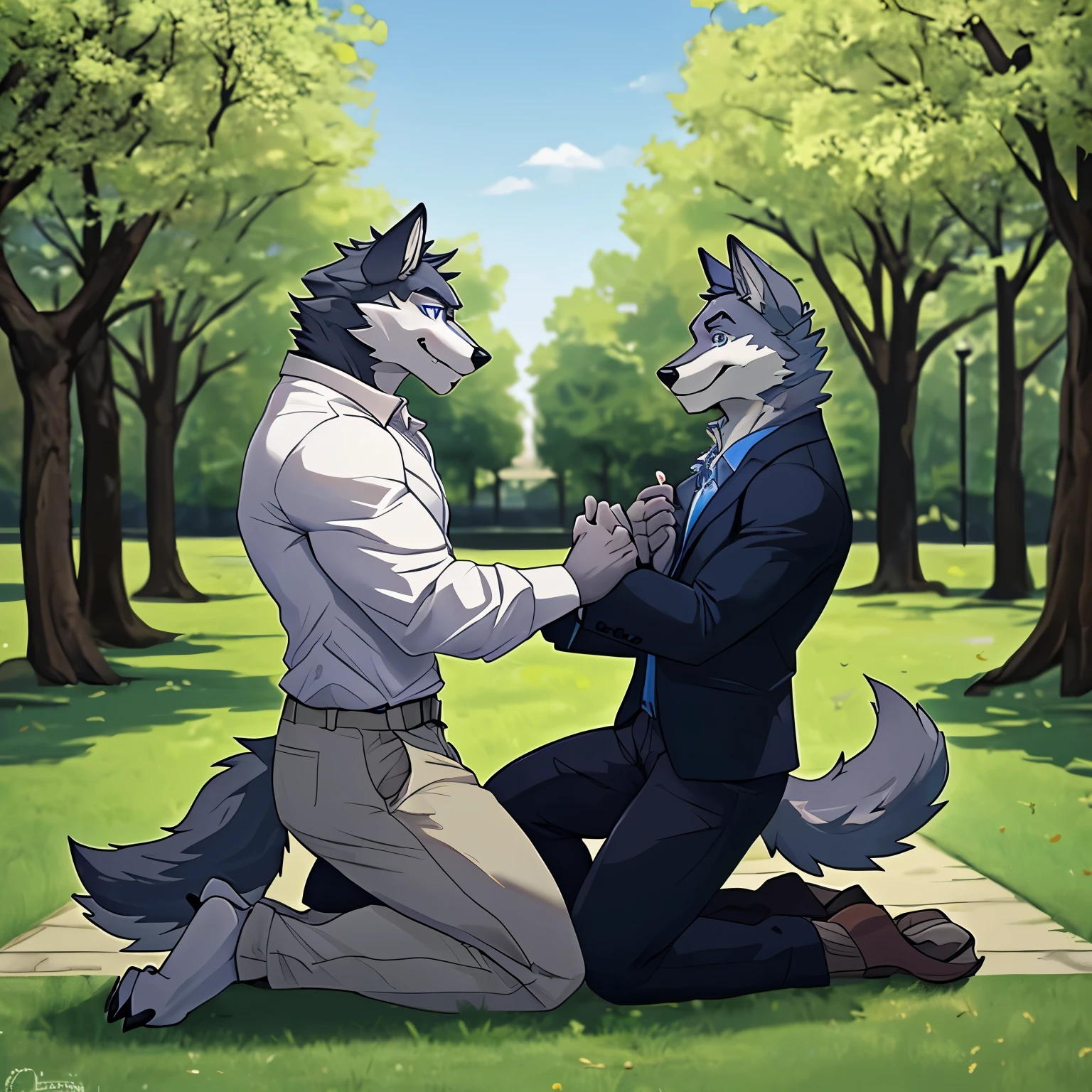 Two Furry Wolf in a park, one of them kneeling in front of the other proposing, Blue eyes, Wearing normal clothes, Both Male, Handsome, Charming, Medium Muscular Body