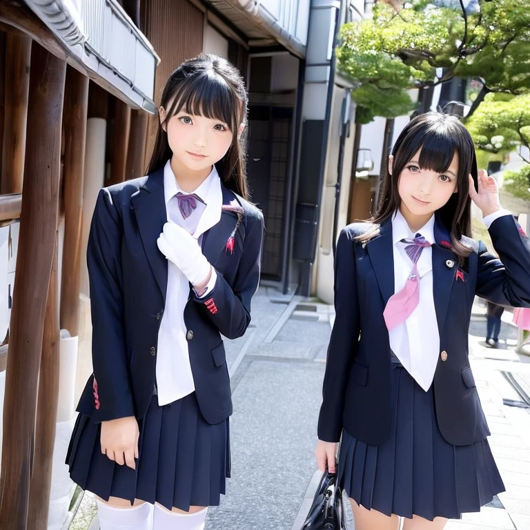 ((Two Japan schoolgirls))（Blazer uniform）(eye contact)Standing hand in hand、Angle from below、Wearing black knee-high socks、No makeup、