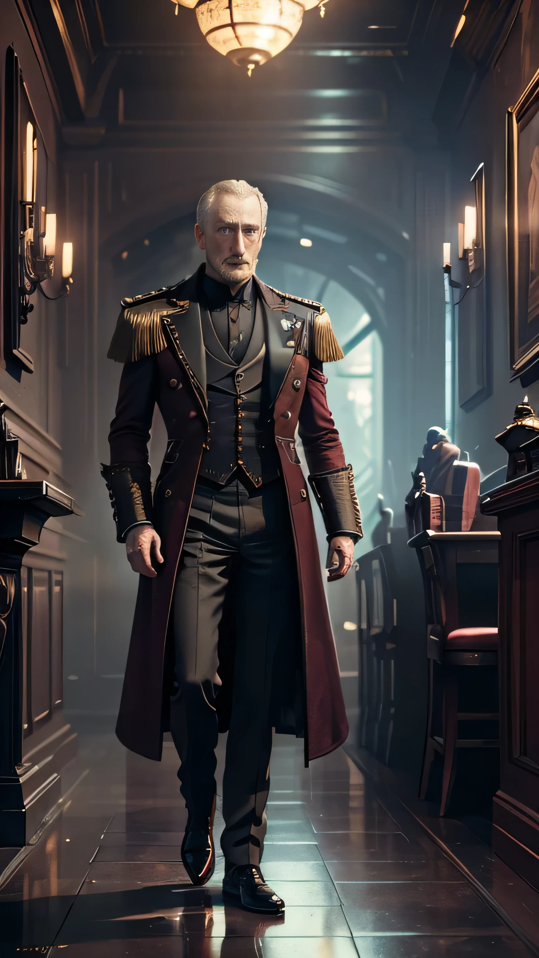 (сyberpunk style), ((Charles Dance)) as Tywin Lannister, maroon сyberpunk tuxedo, сyberpunk shoes, standing, in a сyberpunk restaurant, (1man), (solo), (full body view), beautiful detailed glow, detailed, cinematic light, intricate detail, realistic, highres, detailed facial features, high detail, sharp focus, smooth, aesthetic, extremely detailed, stamp, octane render