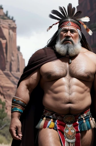  A shirtless Apache warrior with a huge eagle feather headdress on his head. Un culturista obeso de cuerpo completo con un cuerpo muy sudoroso. An extremely muscular and extremely fat old man over 70 years old weighing over 600 pounds. Muy musculoso, muy peludo. Pectorales grandes con pezones oscuros y ginecomastia. A Colorado canyon landscape with a loincloth in the rain. 