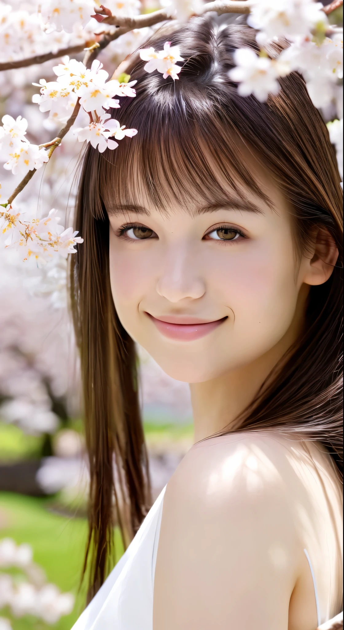 ((highest quality)), ((masterpiece)), ((Realistic)), Standing in a tranquil Japanese garden with cherry blossoms at eye level、A girl with perfect beauty, Scenic, masterpiece, (High resolution), original, extremely detailed 8K , (photoRealistic:1.4),Perfect Face, Perfect Eyes,Symmetrical body type,smile,