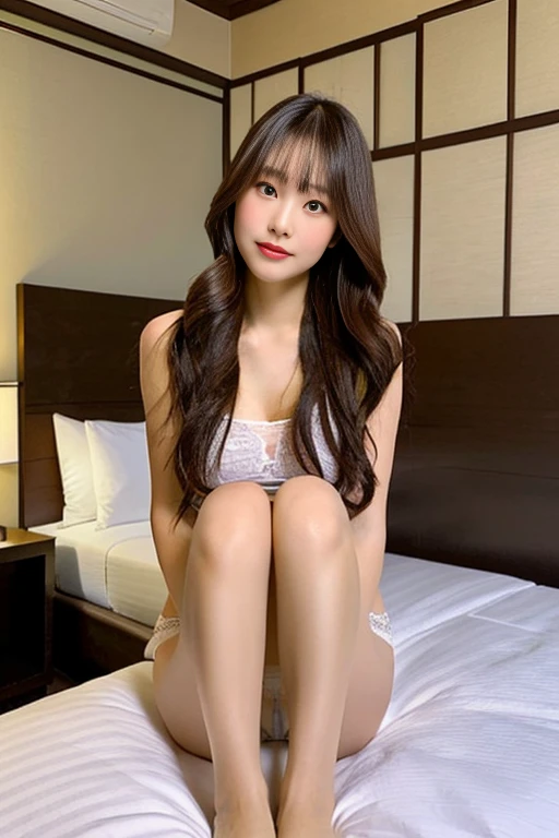 (8k, highest quality, masterpiece: 1.2), (Realistic, Realistic: 1.37), Super Detail, Japanese people々, woman, きれいなwoman, whole body, (10th Generation: 1.6), Best Style, Beautiful feet, Hotel Bedroom, Sitting on the bed, Bob Hair, Showing panties, front,