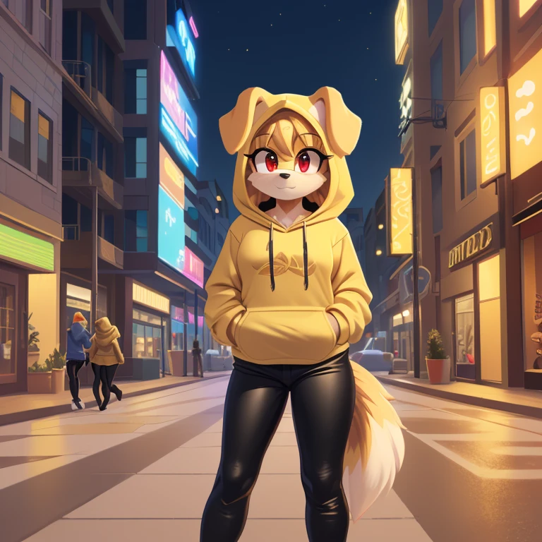 mobian female (golden retriever), ((masterpiece)), cute, attractive, ( wearing a hoodie:1.3), (wearing a black pants:1.5), medium breasts, (correct proportions), (royal golden body fur:1.5), ( golden belly fur:1.1), (hair (royal golden color)):1.5, medium fluffy hair, (crystal red eyes):1.3, (dog tail):1.2, (dog ears):1.2, (city:1.5)