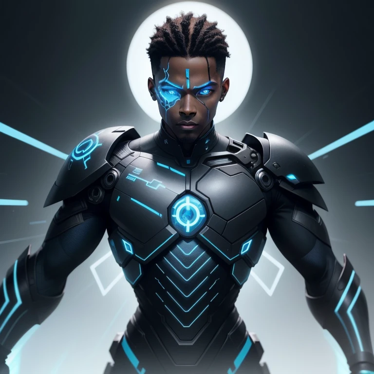 a male cyborg with brown skin that has black metal as details, has blue eyes has neon blue lines throughout the body and its core is in the center of its chest, where energy surrounds it