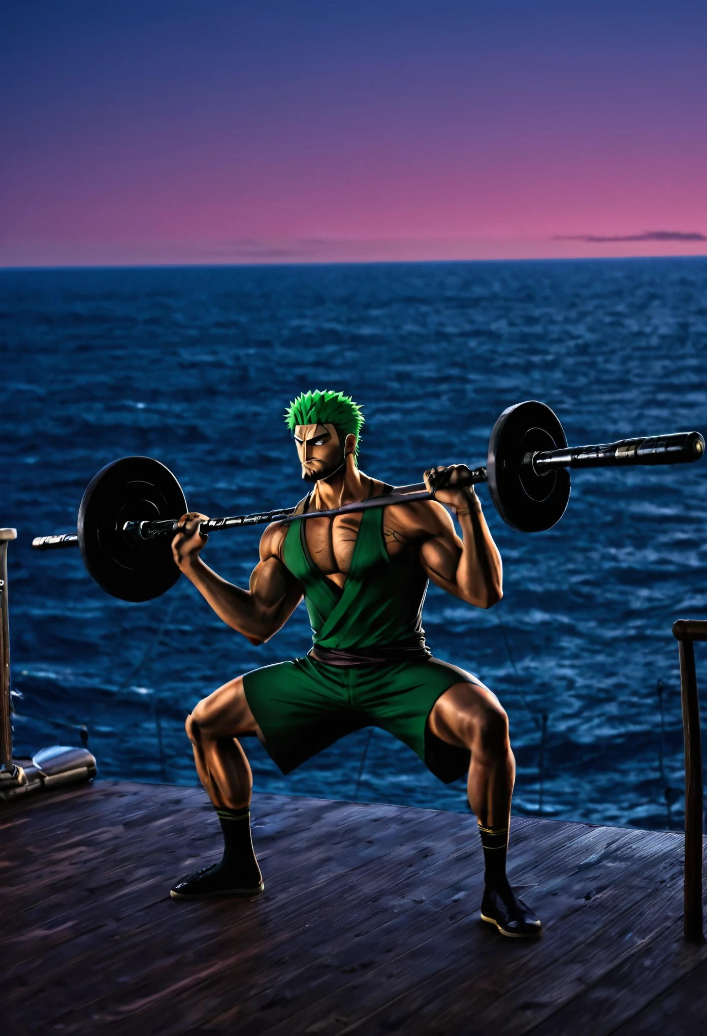 Sticker Roronoa Zoro, a 3-swordsman, is practicing lifting a barbell with a body full of scars on the deck of the ship. Twilight background in the middle of the ocean. Disciplin fighter style.