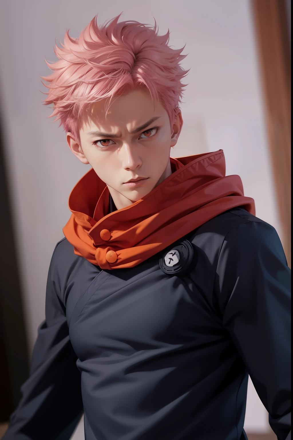 Yuji Itadori Character from Anime Jujutsu Kaisen, Realistic Anime style, Handsome boy, Jujutsu uniform, Pink short hair, orange eyes, Background Jujutsu High School