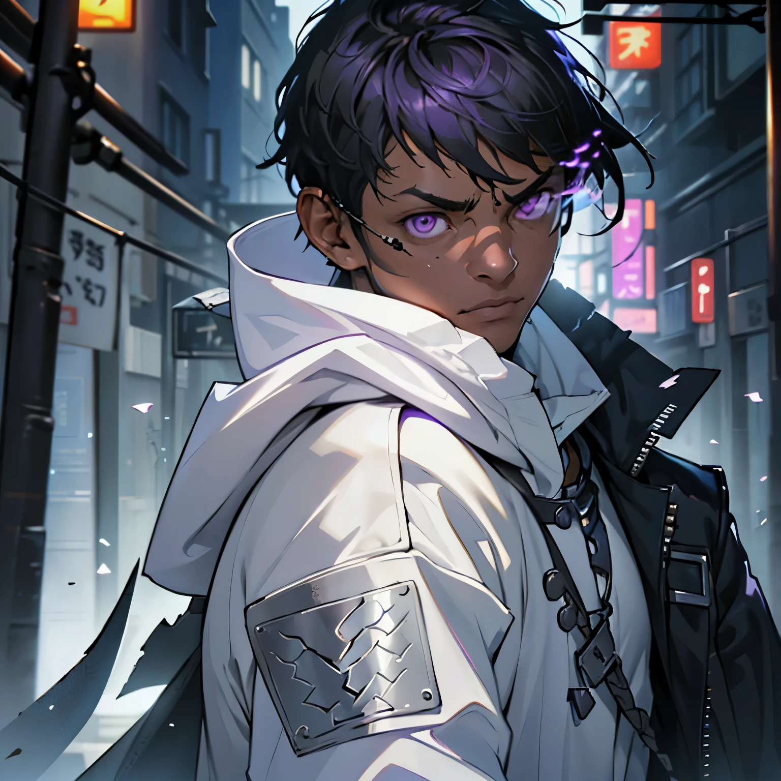 Young Male, Assassin, Hood, White Coat, White Shirt, Handsome, Dark Skin, ((Scales)), (((Scales Growing On Face))), Black Hair, ((Shorthair)), Purple Eyes, Ray Band Shades, Menacing, Slim, 3D, Cinematic Lights, Vibrant Colors, Realistic, Tokyo City, Very Detailed, HD, 8K, Masterpiece, HDR