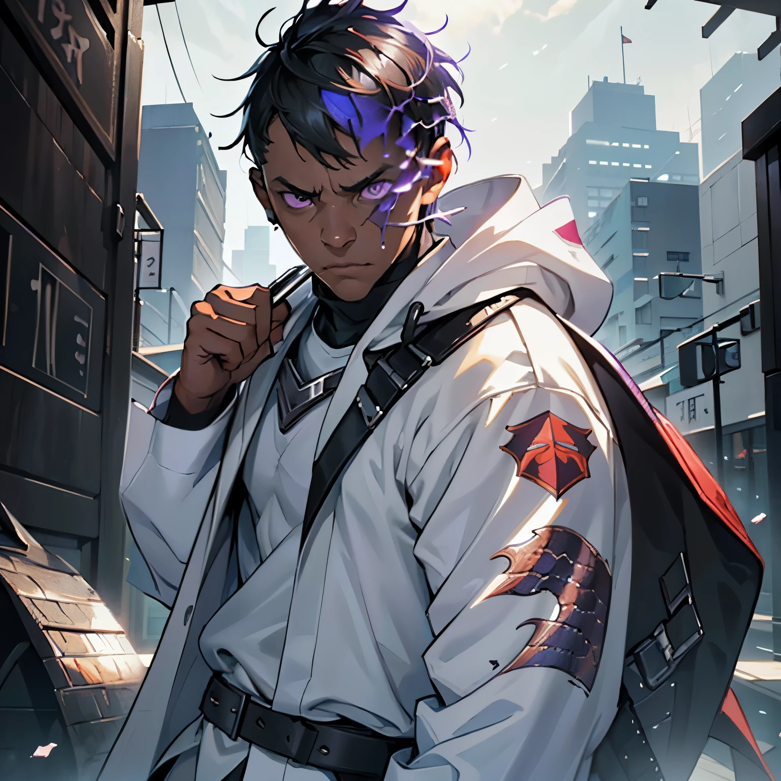 Young Male, Assassin, Hood, White Coat, White Shirt, Handsome, Dark Skin, ((Scales)), (((Scales Growing On Face))), Black Hair, ((Shorthair)), Purple Eyes, Ray Band Shades, Menacing, Slim, 3D, Cinematic Lights, Vibrant Colors, Realistic, Tokyo City, Very Detailed, HD, 8K, Masterpiece, HDR