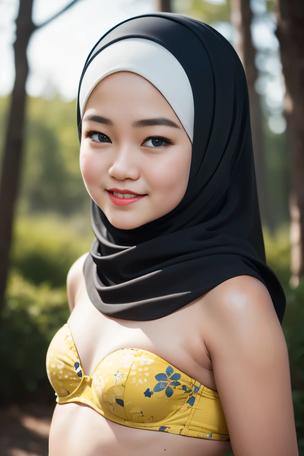 (((CHUBBY))), chubby, chubby & bbw, chubby & fatty, Lace, (Happy smile), (((HIJAB MALAY GIRL))), masutepiece, High quality, UHD 32K, Realistic face, Realistic skin feeling , A Japanese Lady, 8 years old, , Very cute and baby-like face, (((FLAT CHEST))), (Night time at forest), ((look In front at the camera and SADNESS)), (((FLUORESCENCE))), (((CUTE GIRL))), ((YELLOW LIPS)), ((Floral Pattern)) little wearing strapless bra, strapless colorful bra, dark night horror scary place (from behind up) seductive pose, a very fluorescent green atmosphere