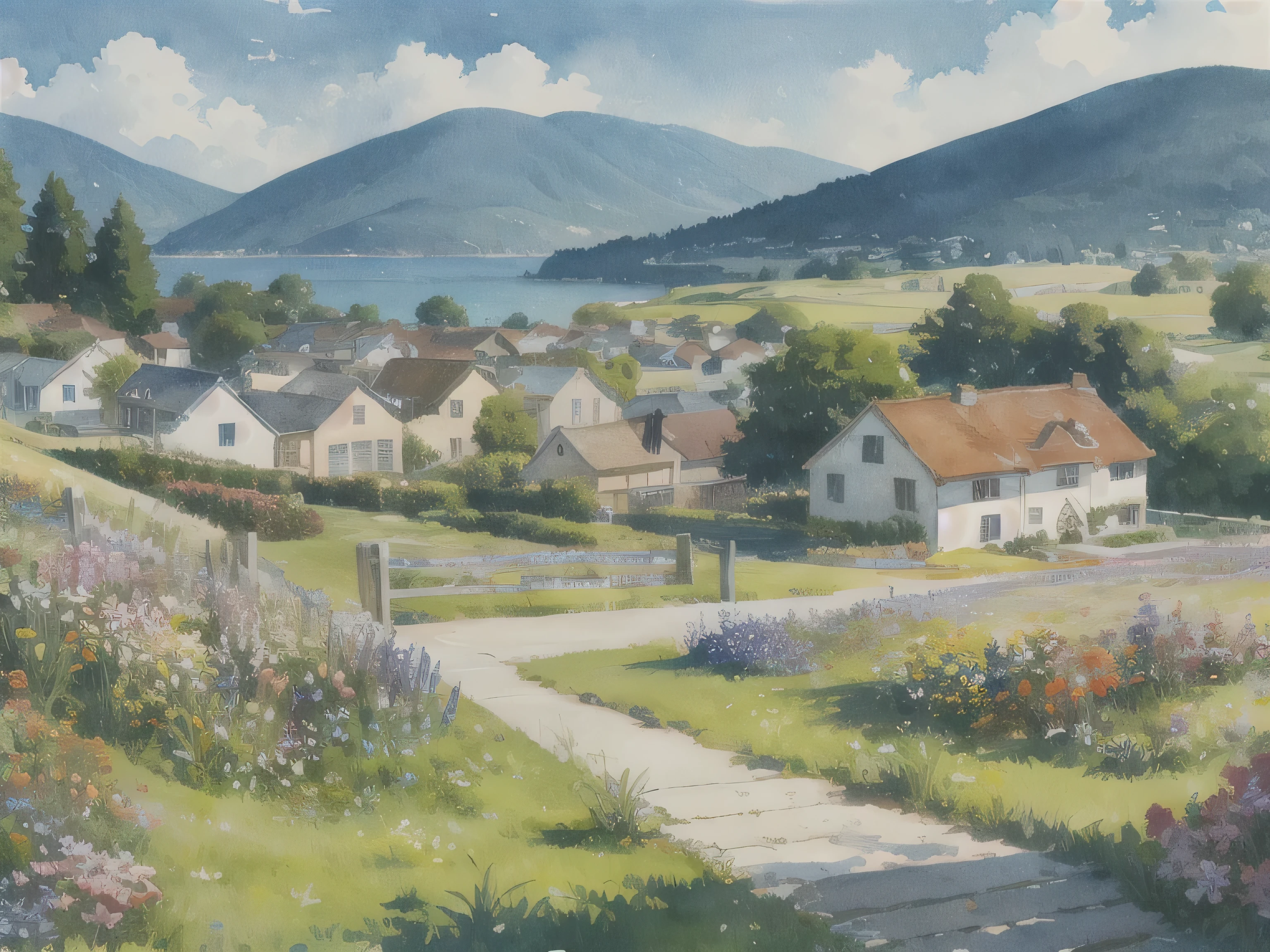 Watercolor illustration,landscape,bright colors,Sea of Flowers,houses