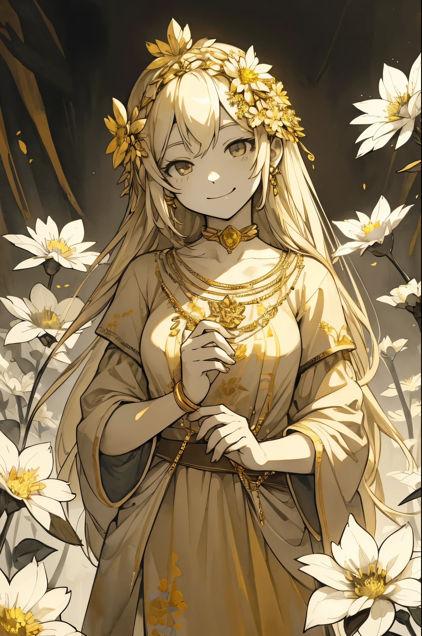 monochrome, watercolor, highres, top quality, best quality, paid reward available, High-quality illustrations, unparalleled masterpiece, perfect artwork, absurdres, 1girl, Archaic Smile, holding a cluster of gold flower in both hands, She is wearing a simple ring on the ring finger of her left hand, unfocused spread of gold flower,