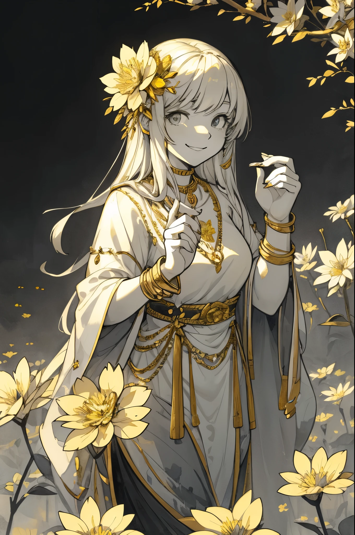 monochrome, watercolor, highres, top quality, best quality, paid reward available, High-quality illustrations, unparalleled masterpiece, perfect artwork, absurdres, 1girl, Archaic Smile, holding a cluster of gold flower in both hands, She is wearing a simple ring on the ring finger of her left hand, unfocused spread of gold flower,