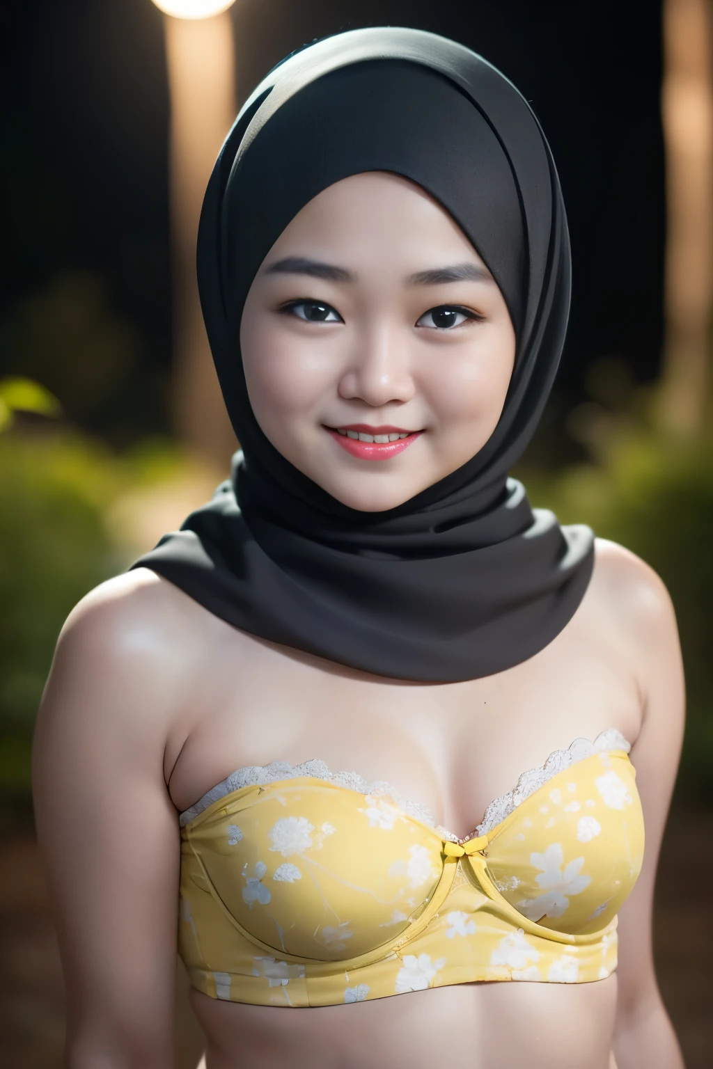 (((CHUBBY))), chubby, chubby & bbw, chubby & fatty, Lace, (Happy smile), (((HIJAB MALAY GIRL))), masutepiece, High quality, UHD 32K, Realistic face, Realistic skin feeling , A Japanese Lady, 8 , , Very cute and baby-like face, (((FLAT CHEST))), (Night time at forest), ((look In front  at the camera and SADNESS)), (((FLUORESCENCE))), (((CUTE GIRL))), ((YELLOW LIPS)), ((Floral Pattern)) little wearing strapless bra, strapless colorful bra, dark night horror scary place (from behind up) seductive pose, a very fluorescent green atmosphere 