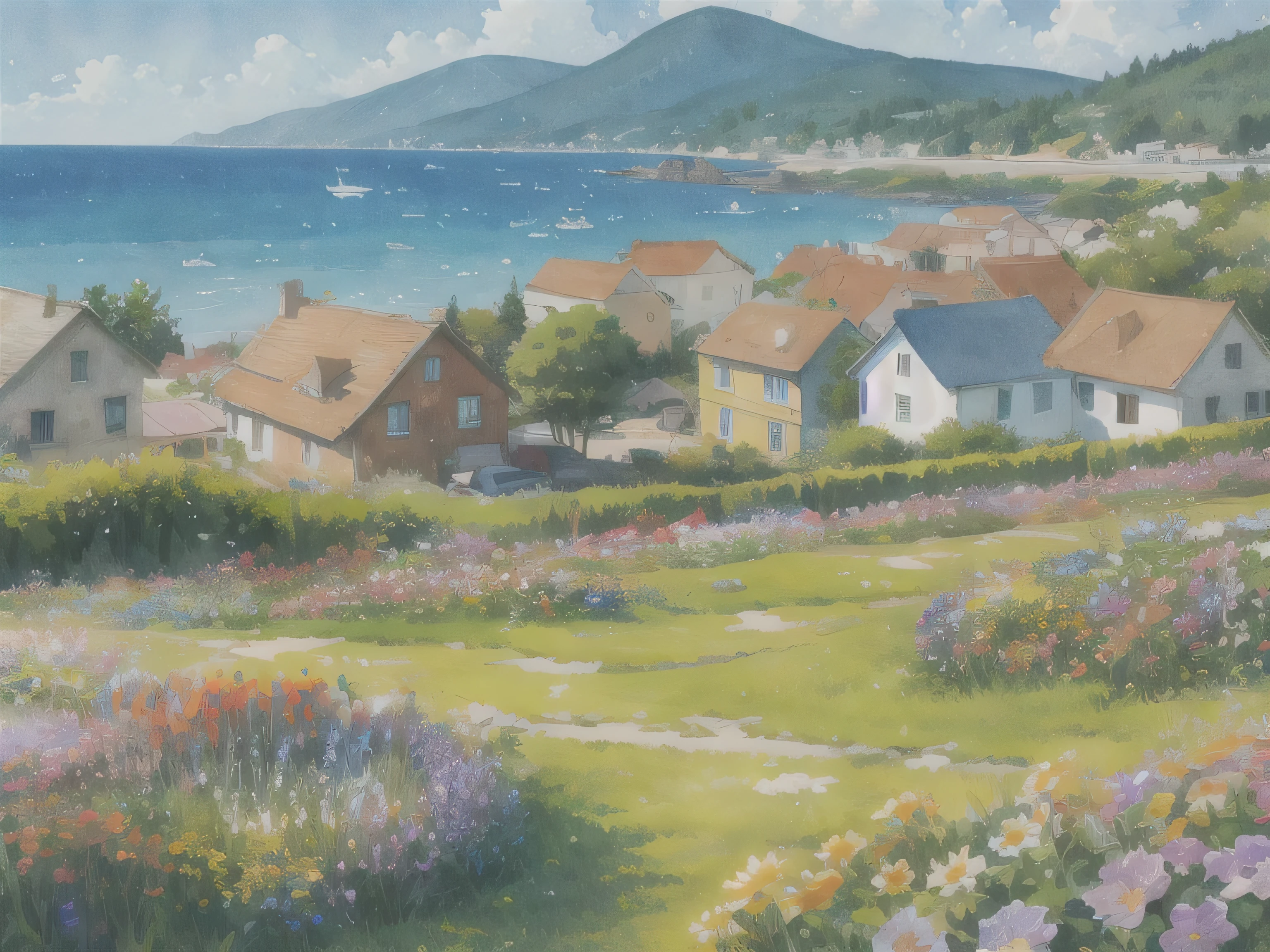 High Definition,Watercolor illustration,landscape,bright colors,Sea of Flowers,houses