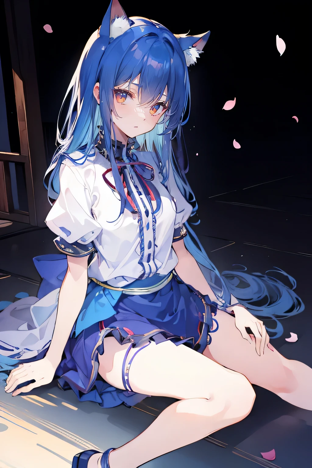 (masterpiece:1.2),ultra-detailed,realistic,expressive eyes,fair-skinned,perfectly shaped face,1girl,
Japanese cartoons,Gorgeous blue hair, flowing blue hair,floating clothes,cat ears,petals falling,beautiful Lola,Hina Angel,
hands on waist,gracefully sitting on the ground,legs crossed,gentle and serene background,cool and comfortable pavilion,night ,smile.