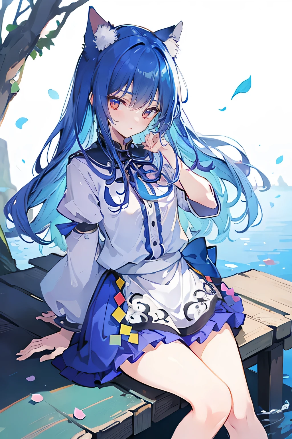 (masterpiece:1.2),ultra-detailed,realistic,expressive eyes,fair-skinned,perfectly shaped face,1girl,
Japanese cartoons,Gorgeous blue hair, flowing blue hair,floating clothes,cat ears,petals falling,beautiful Lola,Hina Angel,
hands on waist,gracefully sitting on the ground,legs crossed,gentle and serene background,cool and comfortable pavilion,night ,smile.