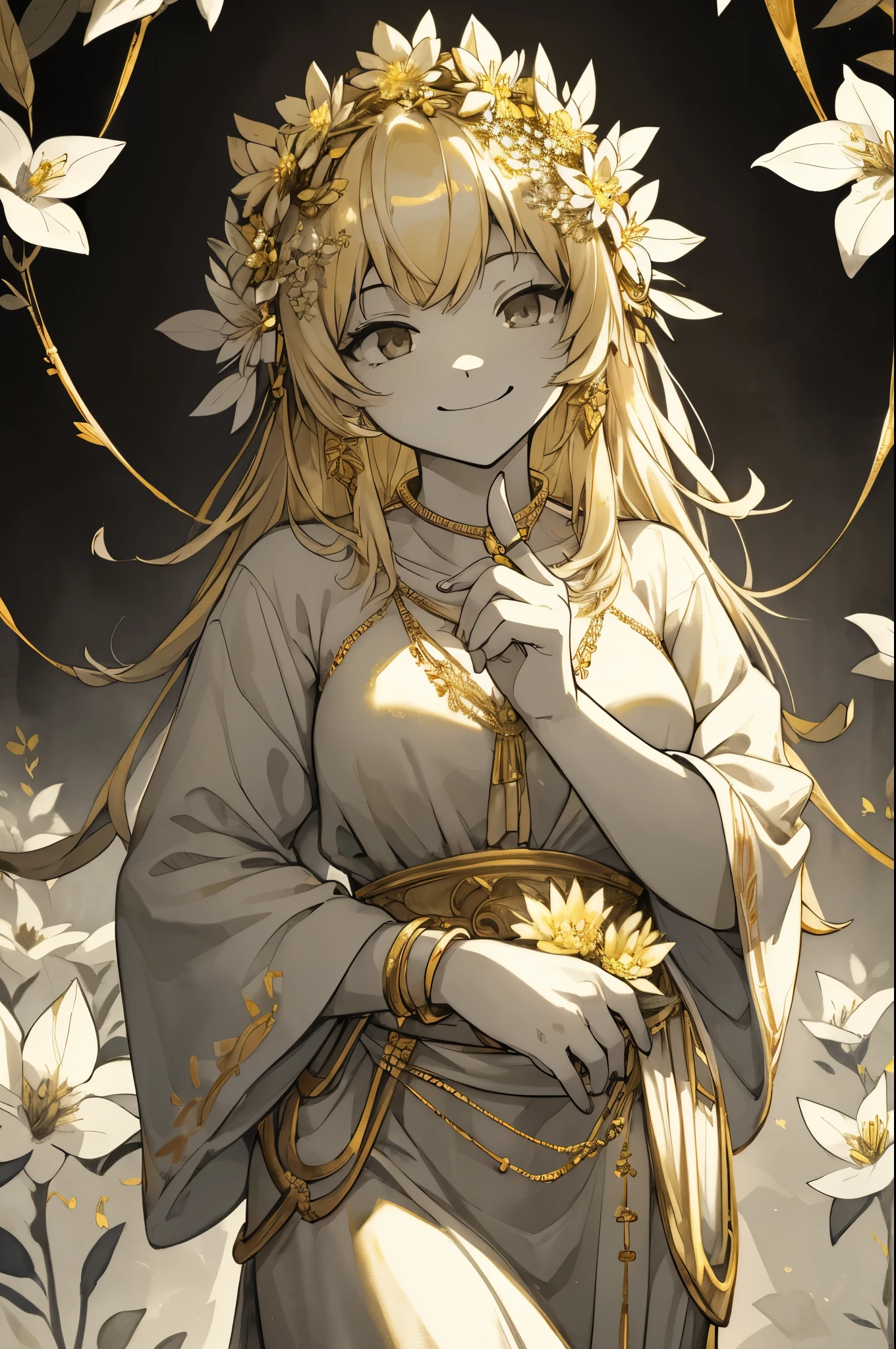 monochrome, watercolor, highres, top quality, best quality, paid reward available, High-quality illustrations, unparalleled masterpiece, perfect artwork, absurdres, 1girl, kenoni, furry, Archaic Smile, holding a cluster of gold flower in both hands, She is wearing a simple ring on the ring finger of her left hand, unfocused spread of gold flower,