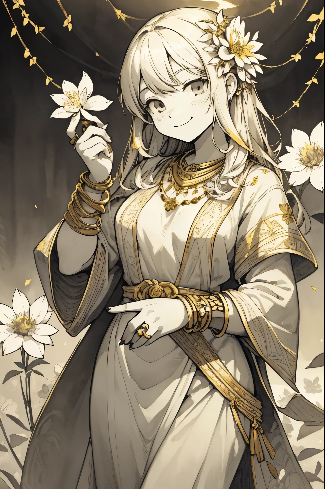 monochrome, watercolor, highres, top quality, best quality, paid reward available, High-quality illustrations, unparalleled masterpiece, perfect artwork, absurdres, 1girl, kenoni, furry, Archaic Smile, holding a cluster of gold flower in both hands, She is wearing a simple ring on the ring finger of her left hand, unfocused spread of gold flower,