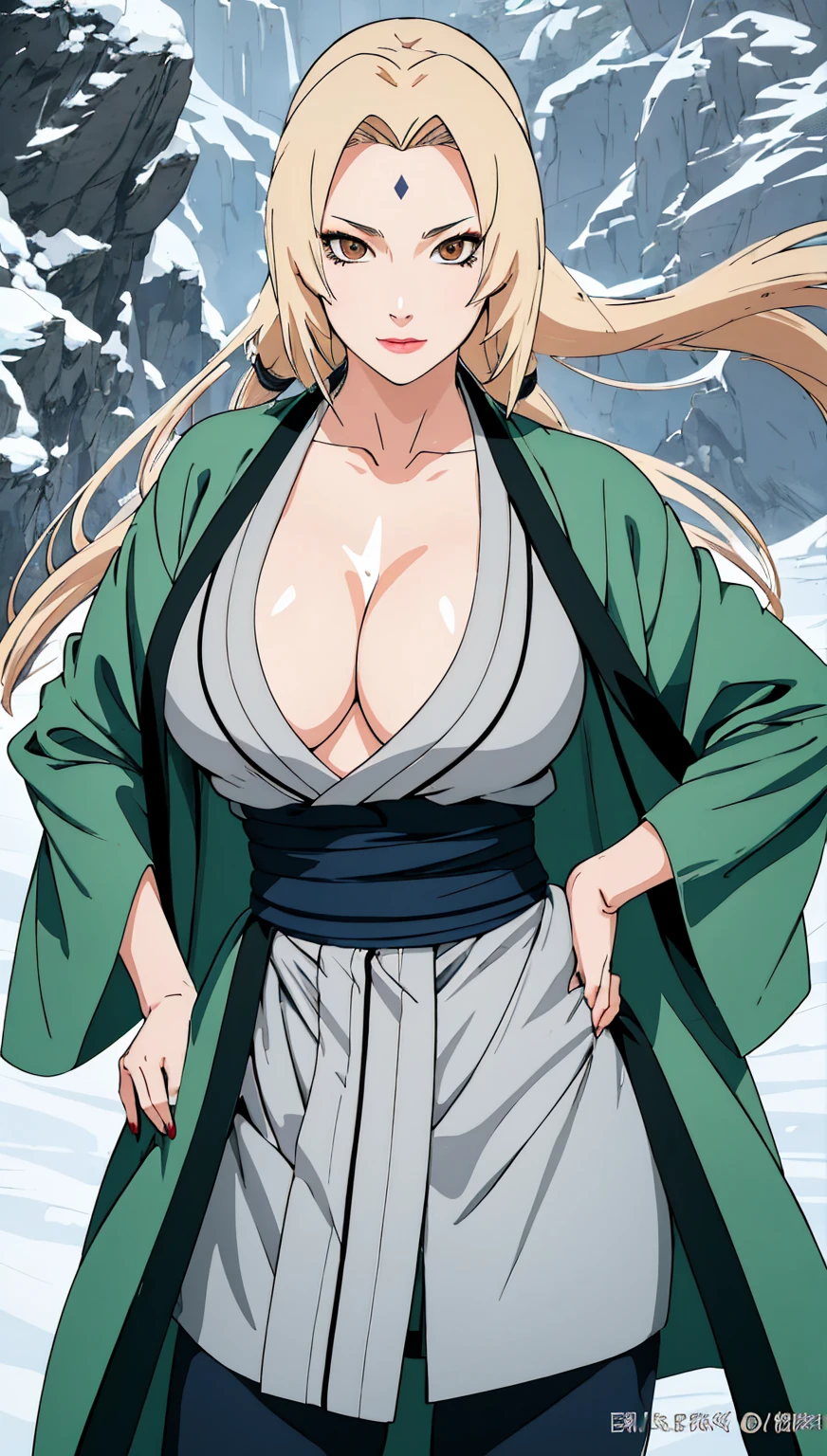 (masterpiece, highest quality:1.2), alone, One Girl, Tsunade Defense, Forehead mark, smile, View your audience, Hands on hips,NSFW、(((Open kimono)))、tits、Open kimono, Green haori, Gray Kimono, sash, pants 、Upper body close-up、Close-up of a person、Beautiful girl with beautiful details, Very cute, Beautiful girl with beautiful details, Professional photography lighting, Highly detailed eyes and face, Eyes with beautiful details、Beautiful detailed hair, Beautiful detailed cold face、