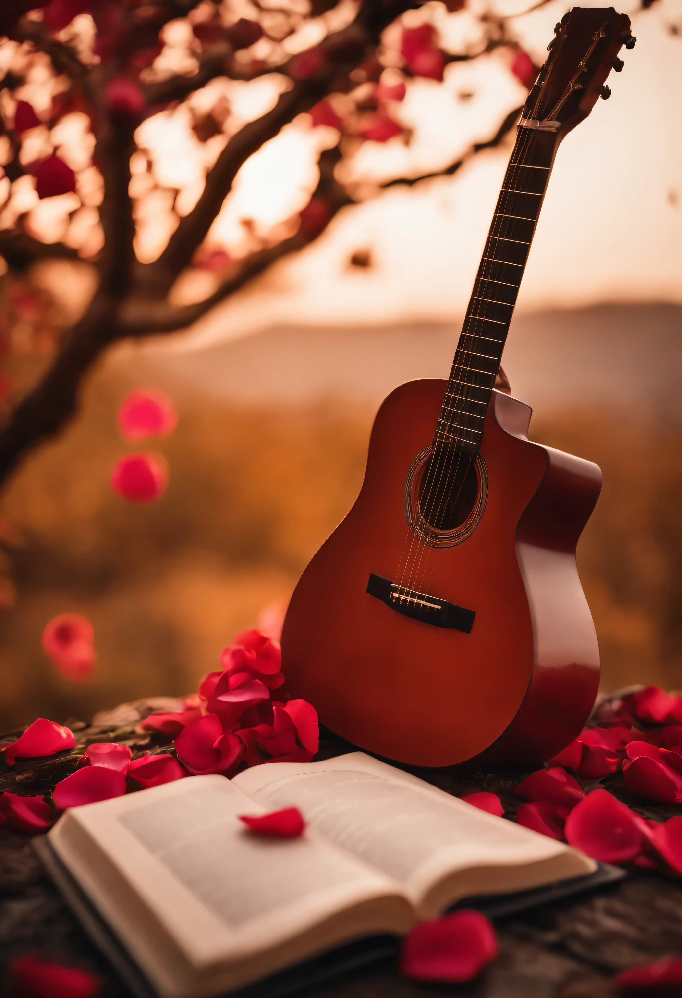 A book among rose petals and a guitar leaning on a leafless tree