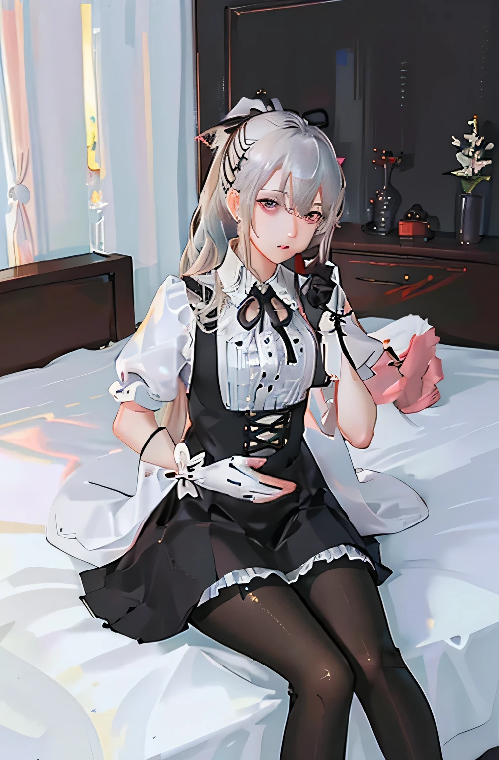 (((1 girl)),Ray Tracing,(Dim lighting),[Detailed Background (Bedroom)),((Silver Hair)),((Silver Hair)),(Fluffy Silver Hair, Plump and slender girl)) Raised ponytail)))) Avoid blonde eyes in the ominous Bedroom ((((Girls、She wears intricately embroidered black high-waisted pants and pantyhose.。) White frilly ribbon gloves), Showing off a delicate, slim figure and graceful curves, Correct limbs, Sitting on the bed、8K、Perfect female body、Red line clothes、8K、High quality、Naughty fashion、Big Breasts、Eros、Lingerie、Pink outfit、bikini
