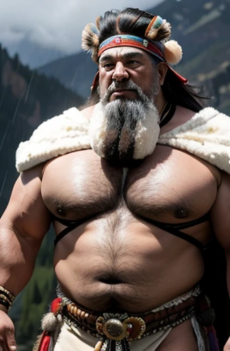 A shirtless Apache warrior with a huge eagle feather headdress on his head. Un culturista obeso de cuerpo completo con un cuerpo muy sudoroso. An extremely muscular and extremely fat old man over 70 years old weighing over 600 pounds. Muy musculoso, muy peludo. Pectorales grandes con pezones oscuros y ginecomastia. A Colorado canyon landscape with a loincloth in the rain.