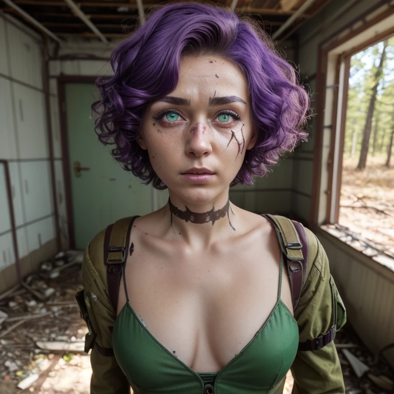 Girl in open combenison, Chernobyl exclusion zone, S.T.A.L.K.E.R, purple hair, green eyes, scar above her left eyebrow, unarmed, scared.