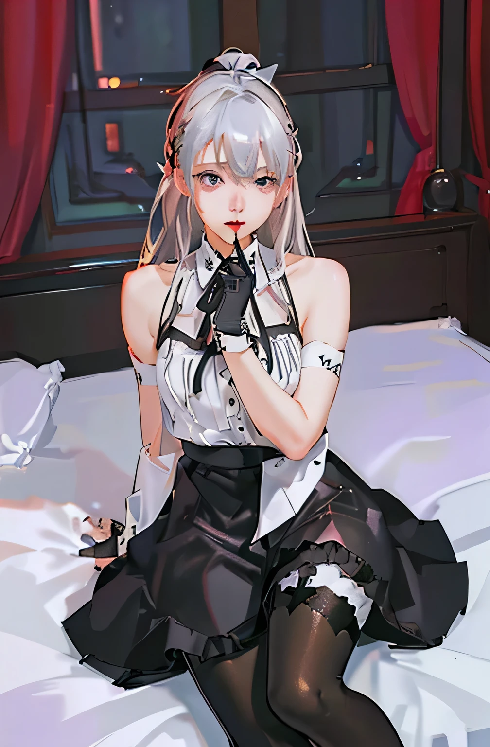 (((1 girl)),Ray Tracing,(Dim lighting),[Detailed Background (Bedroom)),((Silver Hair)),((Silver Hair)),(Fluffy Silver Hair, Plump and slender girl)) Raised ponytail)))) Avoid blonde eyes in the ominous Bedroom ((((Girls、She wears intricately embroidered black high-waisted pants and pantyhose.。) White frilly ribbon gloves), Showing off a delicate, slim figure and graceful curves, Correct limbs, Sitting on the bed、8K、Perfect female body、Red line clothes、8K、High quality、Naughty fashion、Big Breasts、Eros、Lingerie、Pink outfit、bikini