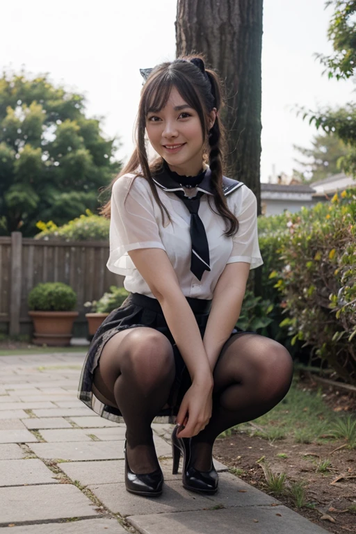 top-quality、超A high resolution、(Photorealsitic:1.4)、cosplay foto
（1 japanese girl）、hi-school girl、Idol、
((poneyTail))、White hair ribbon、Floating hair 、adultlike face、The best balance between the body and the face, high heels,
big eye、Smile、squatting,
Sailor Uniform 、Black skirt、must wear detailed pantyhose, pleated skirt、((Sailor collar))、White shirt、shortsleeves、Black tie、Floating skirt、(((Black sheer pantyhose)))、
Garden background、sunlights、the wind、