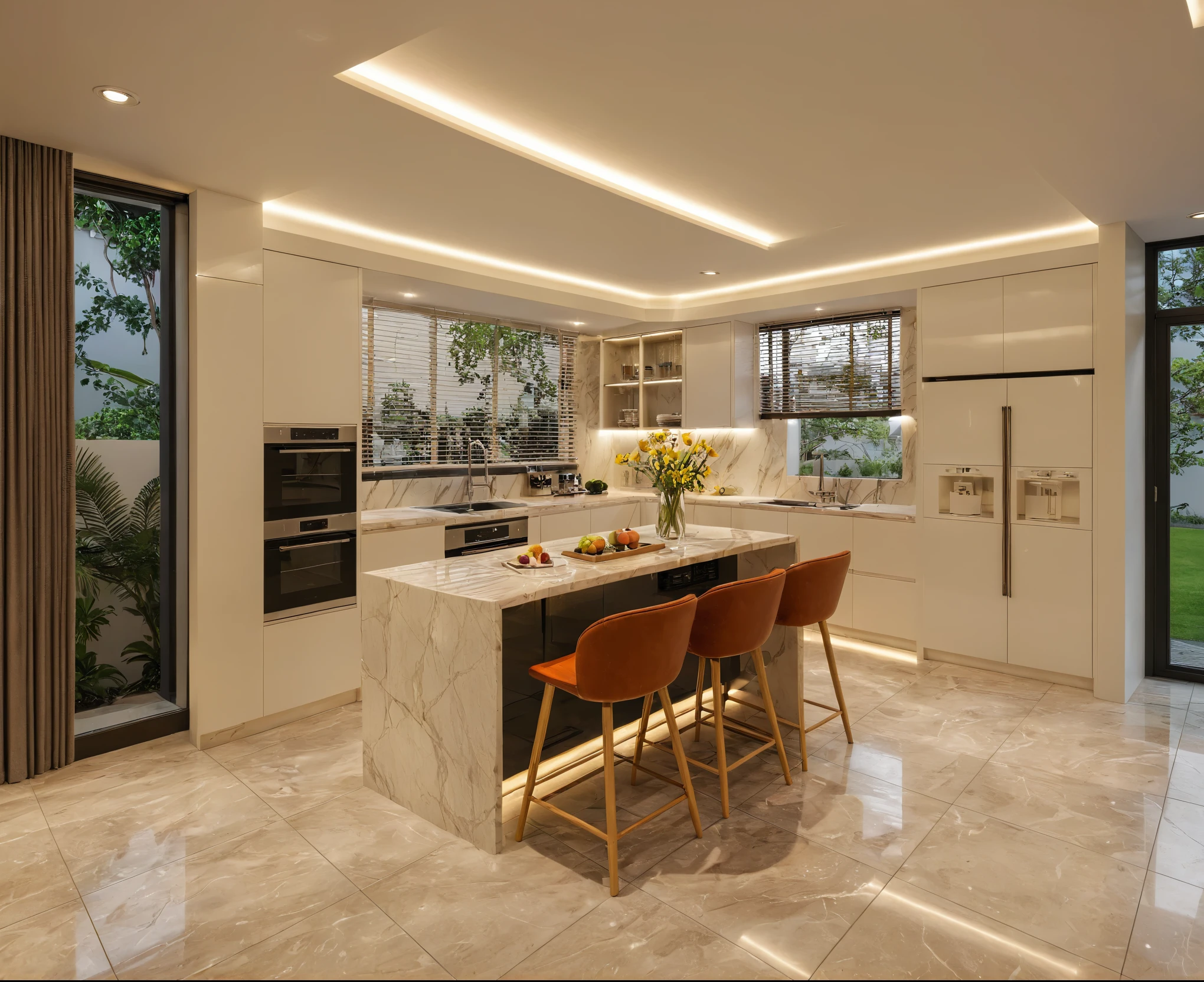 Raw photo,Masterpiece, high quality, best quality, authentic, super detail, interior, indoors, kitchen room style modern, White wall:1.4, White Marble floor:1.3,garden inside window , (twilight:1.1), vivid colour, (realistic:1.2),