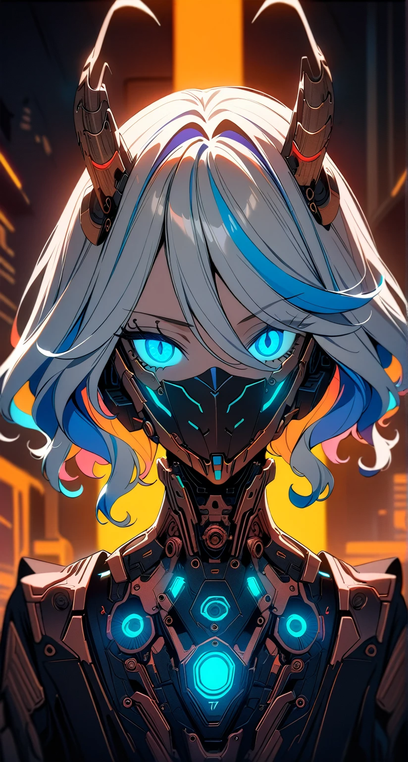 (masterpiece, best quality, intricate, detailed, ornate, vibrant colors), backlight, cyberpunk, (glowing, fluorescent), (bronze theme), portrait, (head and torso), woman,furina,full body, mask, biomechanical, (mechanical parts), mechanical neck, glowing eyes, looking at viewer, demon horns, blunt bangs, bob cut