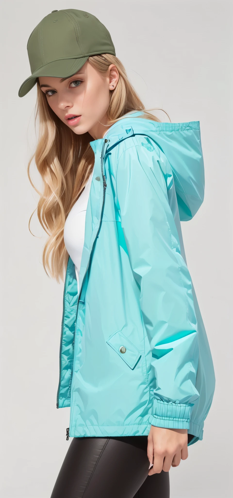 a woman wearing a blue jaqueta and cap with a white top, blue jaqueta, garota de capa de chuva, wearing a blue jaqueta, in teal clothes, wearing blue jaqueta, vestindo um moletom azul neon, she is wearing a wet coat, espuma do mar verde, vestindo um moletom azul, Tempo nublado, harmony blue jaqueta, jaqueta, Parka Azul, solid color, dia nublado