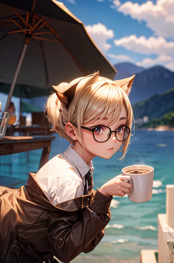 Siamese cat, holding coffee, cloudy background, wearing glasses
