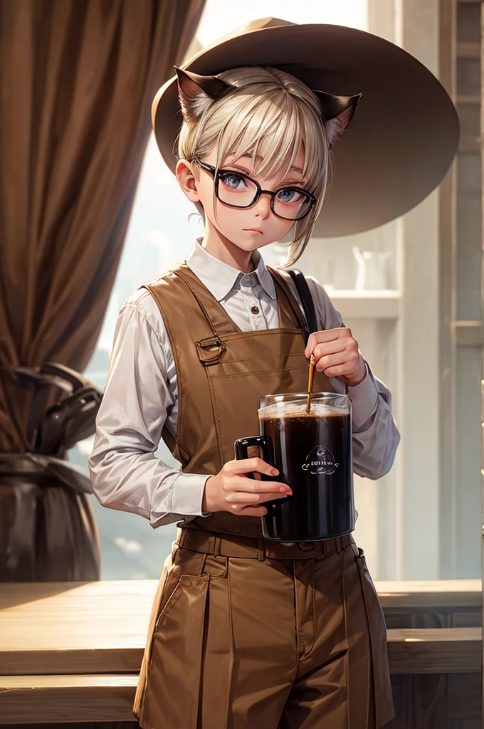 Siamese cat, holding coffee, cloudy background, wearing glasses 